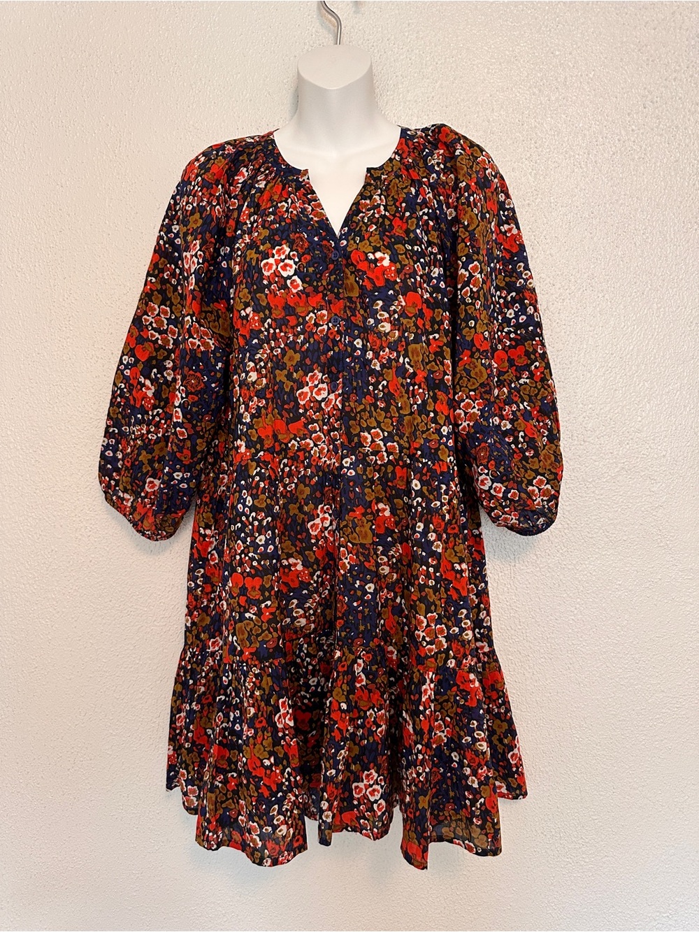 Apiece Apart Mini Mitte Dress in Bold Blomster Red Floral V-Neck Tiered small